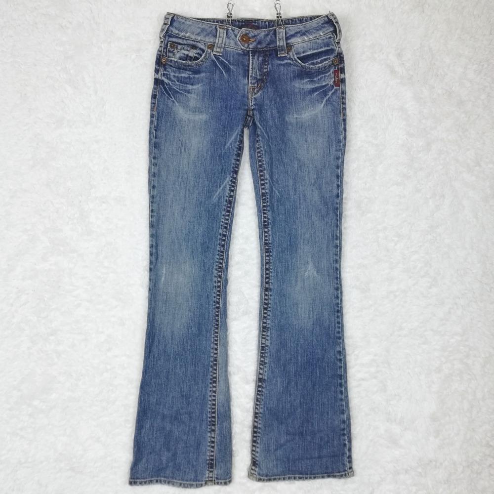 Silver Jeans Womens Tuesday Boot Cut Blue Denim Medium Wash Whiskering Long 28
